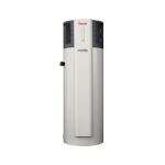 Rinnai Enviroflo 315lt All-in-One Heat Pump – a modern, cylindrical hot water system in a off white finish with a vented top section and the Rinnai logo displayed on the front.