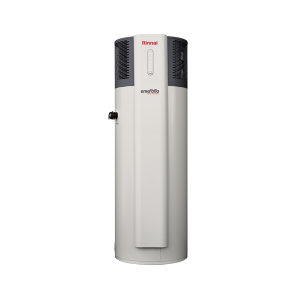 Rinnai Enviroflo 315lt All-in-One Heat Pump – a modern, cylindrical hot water system in a off white finish with a vented top section and the Rinnai logo displayed on the front.