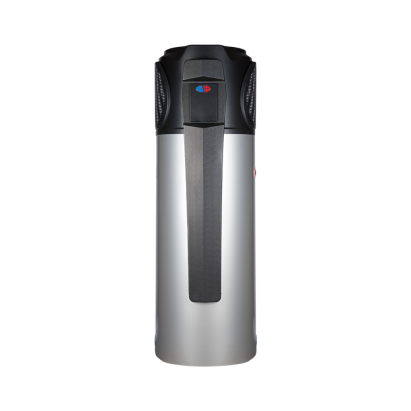 EvoHeat EVO270-1 Heat pump hot water system a modern, cylindrical hot water system in a silver finish with black vented top section and the EvoHeat logo displayed on the front.