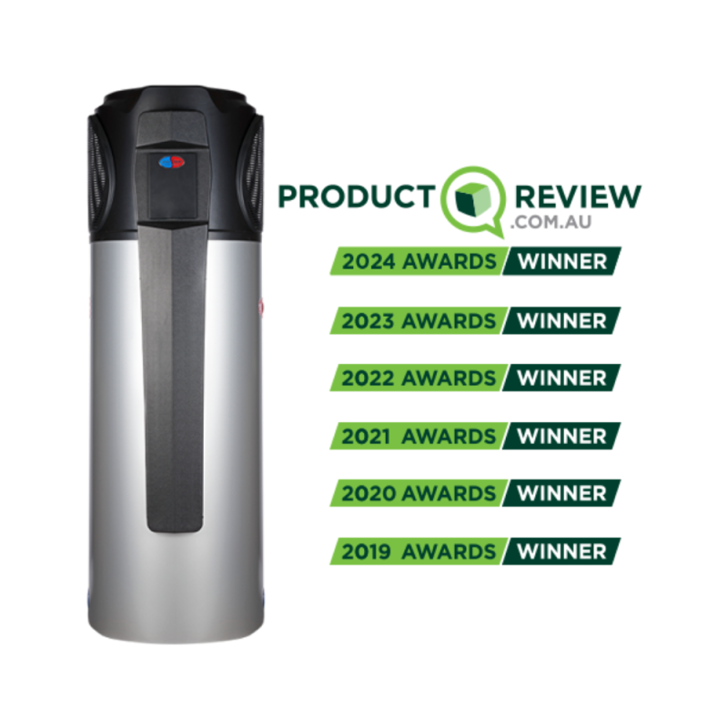 EvoHeat EVO270-1 Heat pump hot water system a modern, cylindrical hot water system in a silver finish with black vented top section. Product review winners 2024, 2023, 2022, 2021, 2020, 2019