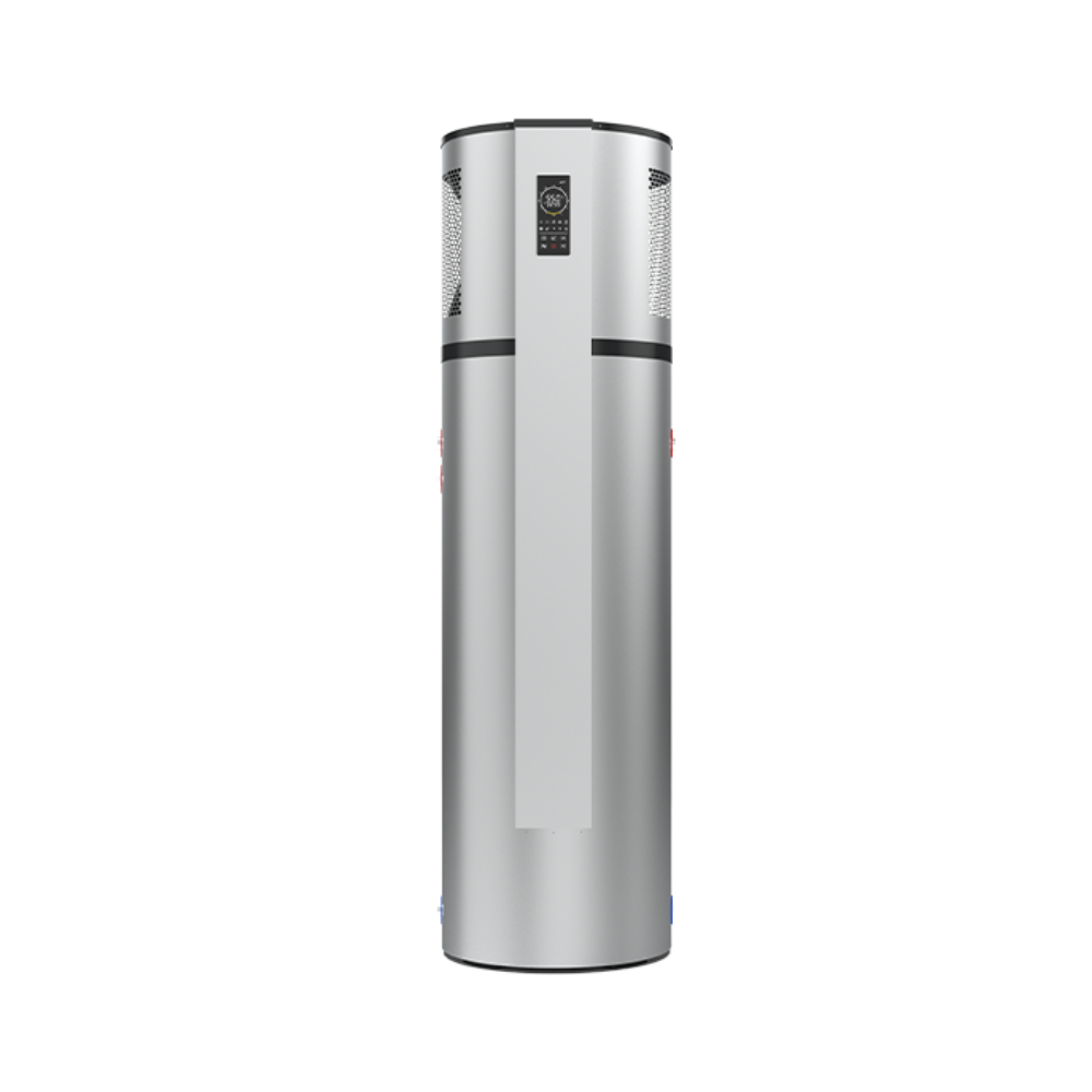 EvoHeat All-in-One Heat Pump 315L – a modern, cylindrical hot water system in a silver grey finish with a vented top section and the EvoHeat logo displayed on the front