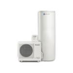 Reclaim Energy CO₂ Heat Pump system featuring a tall, white storage tank with the Reclaim Energy logo, a Panasonic compressor unit, and an intuitive digital controller for efficient hot water heating.